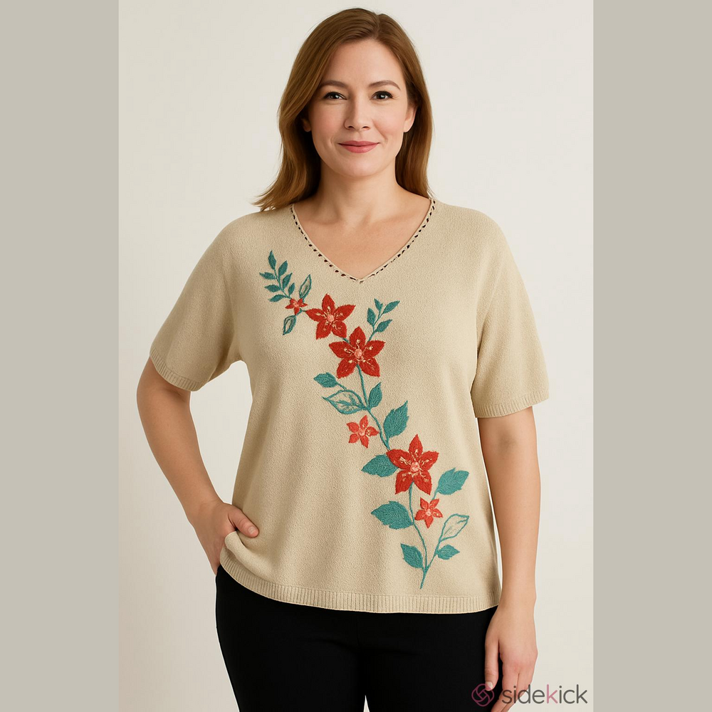 Alfred Dunner Size Large Tan Floral Beaded Sweater